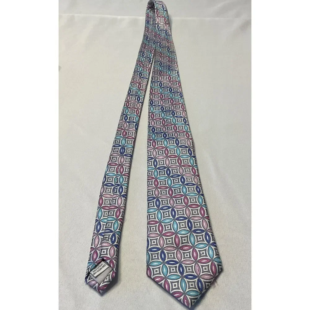 Kilburne And Finch Men's Necktie‎ 100% Microfiber Silver Pink Teal Geometric